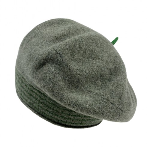 greenish grey beret with bottle green stripes and bright green filial